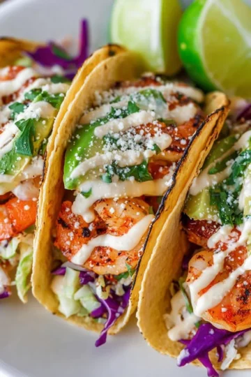 Delicious easy shrimp tacos topped with fresh ingredients.