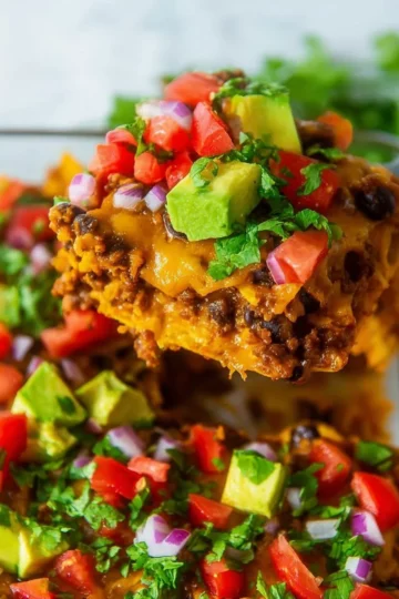 Easy taco casserole topped with cheese and served in a baking dish.