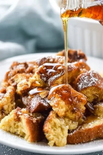 Delicious French toast casserole topped with syrup and berries.