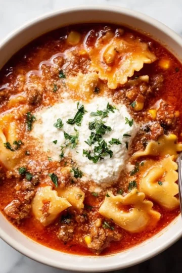 Bowl of hearty lasagna soup garnished with fresh herbs and melted cheese