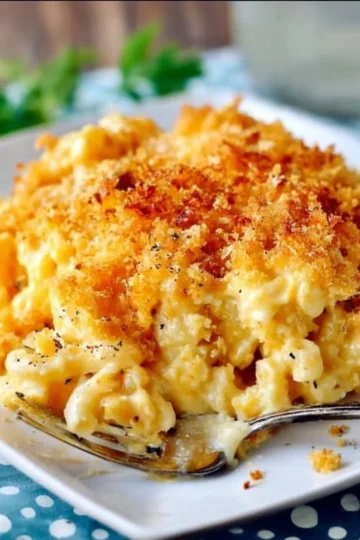 Delicious homemade baked mac and cheese in a creamy cheese sauce