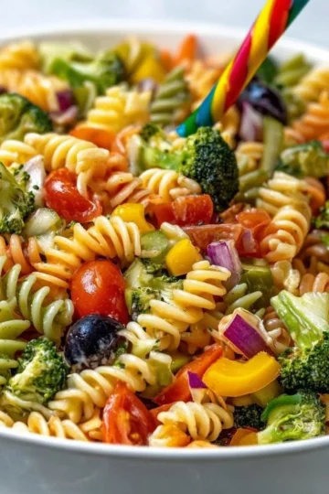 Delicious Italian Pasta Salad with fresh vegetables and herbs.
