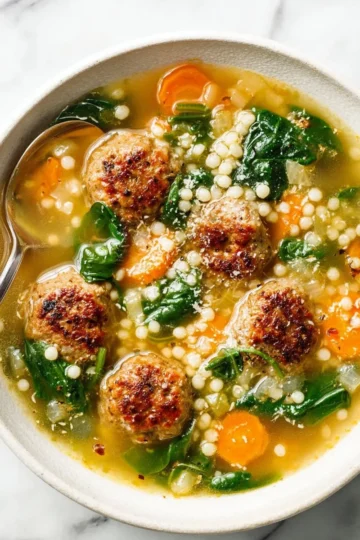 Bowl of Italian Wedding Soup with meatballs, vegetables, and herbs