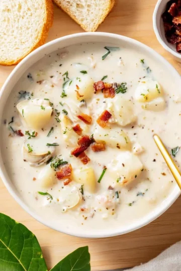 Bowl of New England clam chowder with clams and herbs.