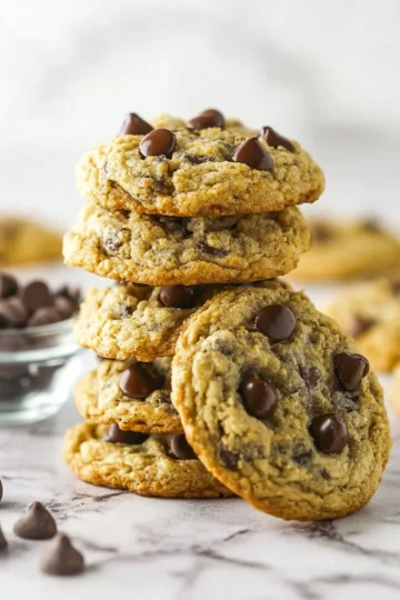 Baking golden brown Oatmeal Chocolate Chip Cookies on a cooling rack