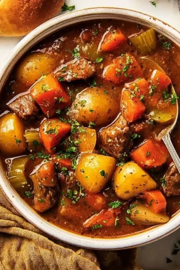 Bowl of old fashioned beef stew with vegetables and herbs