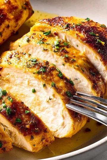 Juicy oven baked chicken breast garnished with herbs on a plate