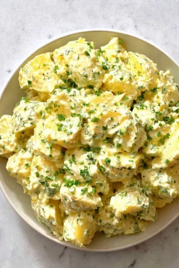Delicious homemade potato salad served in a bowl with herbs and vegetables