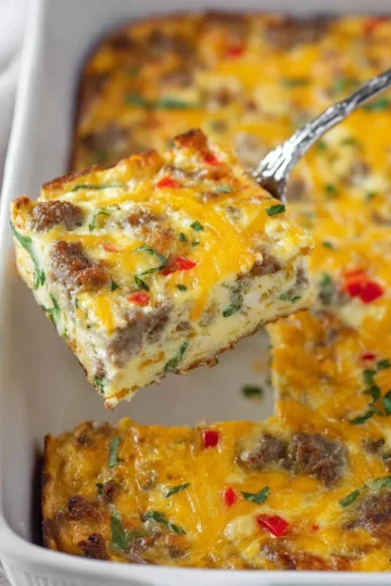 Delicious Sausage Hashbrown Casserole served on a breakfast table