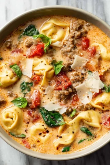 Bowl of hearty Sausage Tortellini Soup with fresh herbs and vegetables