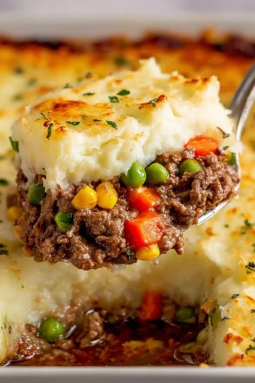 Delicious homemade Shepherd's Pie with minced meat and mashed potatoes
