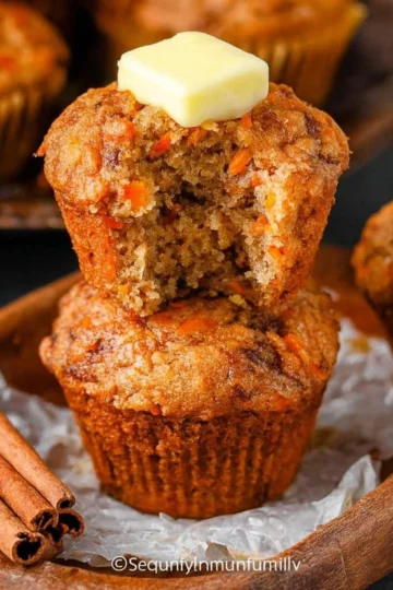 Deliciously soft and moist carrot muffins topped with nuts and spices.