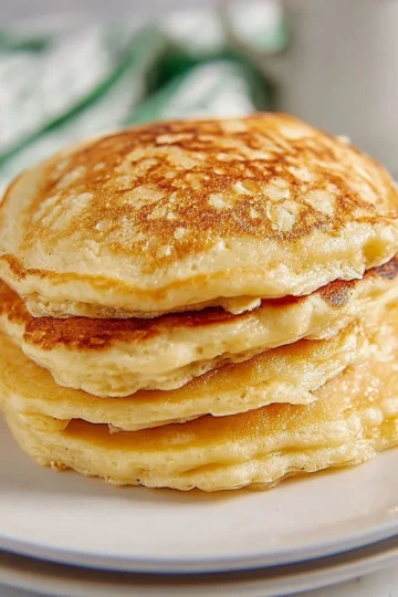 Fluffy sourdough pancakes topped with syrup and berries on a plate