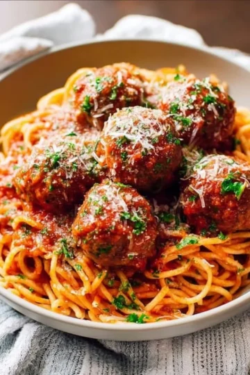 Delicious plate of spaghetti and meatballs topped with fresh parsley and parmesan cheese.