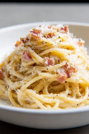 Delicious plate of Spaghetti Carbonara topped with cheese and black pepper