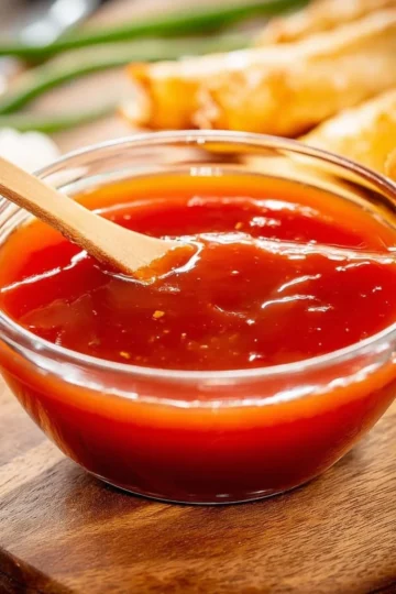 Bowl of delicious homemade sweet and sour sauce with a vibrant color