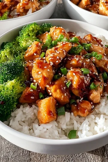 Teriyaki chicken rice bowl garnished with vegetables and sesame seeds