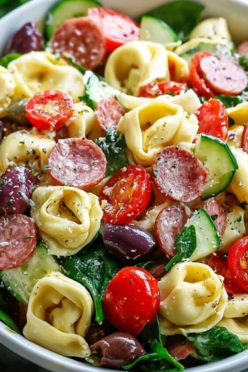 Colorful Tortellini Pasta Salad with vegetables and dressing in a bowl